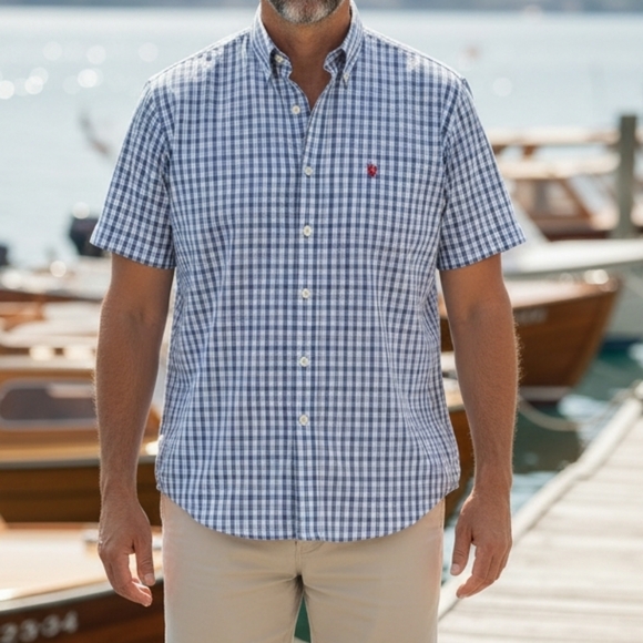 Ralph Lauren - Blue & White Checkered, Button Down Collar, Short Sleeve,... - Picture 1 of 11